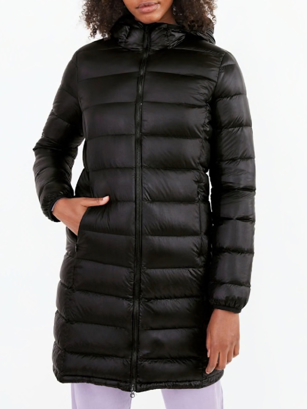 Aritzia TNA The Little Puff Long packable black down filled hooded jacket XS